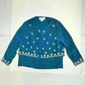 Diane Von Furstenberg Vintage Womens Top Blouse Teal 100% Silk Embroidered Large